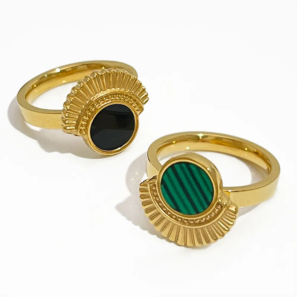 Bague fine en or noir Malachite Sunburst, coquille naturelle pour femmes, bijoux français élégants en acier inoxydable, bague de doigt étanche