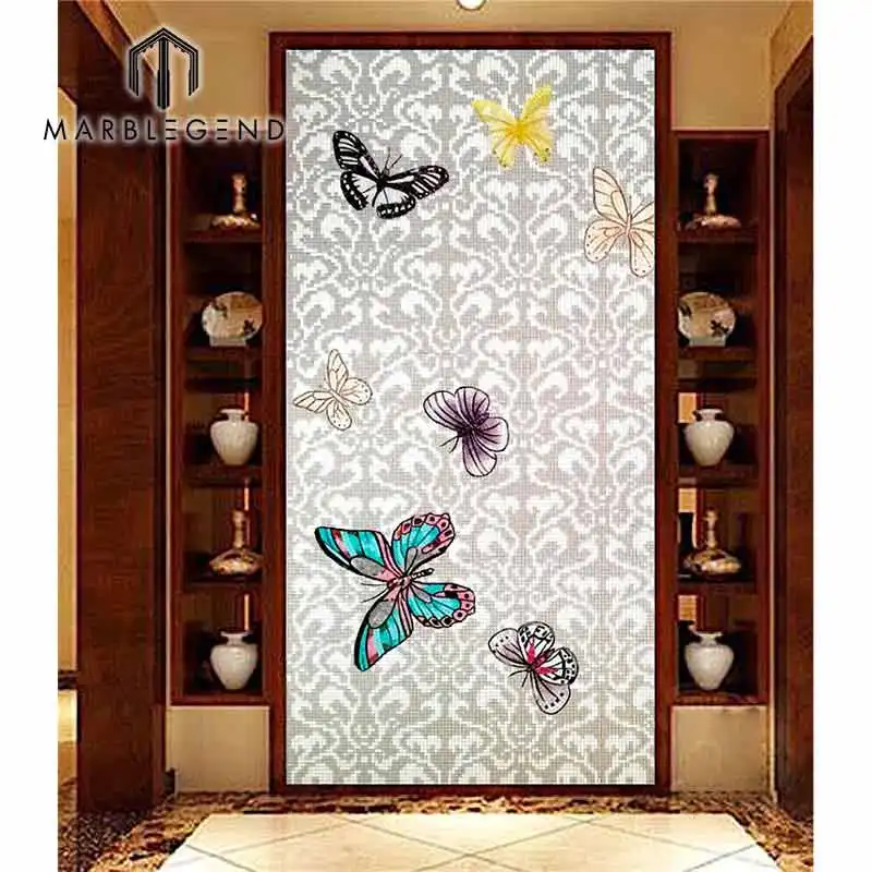 Sol d'intérieur en mosaïque papillon, carreaux de verre, motif artistique, vente en gros,