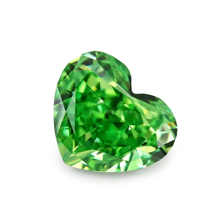 Wuzhou gems loose synthetic cz heart shape 4k crushed ice cut green cubic zirconia cz stones