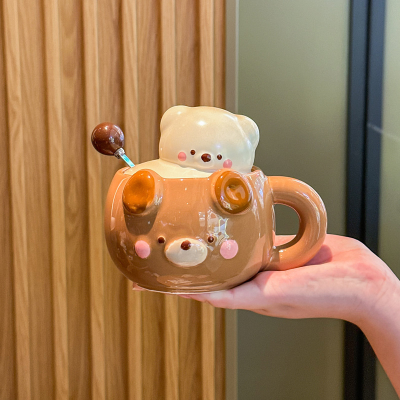 Stereo probe bear-brown-cup lid ball spoon