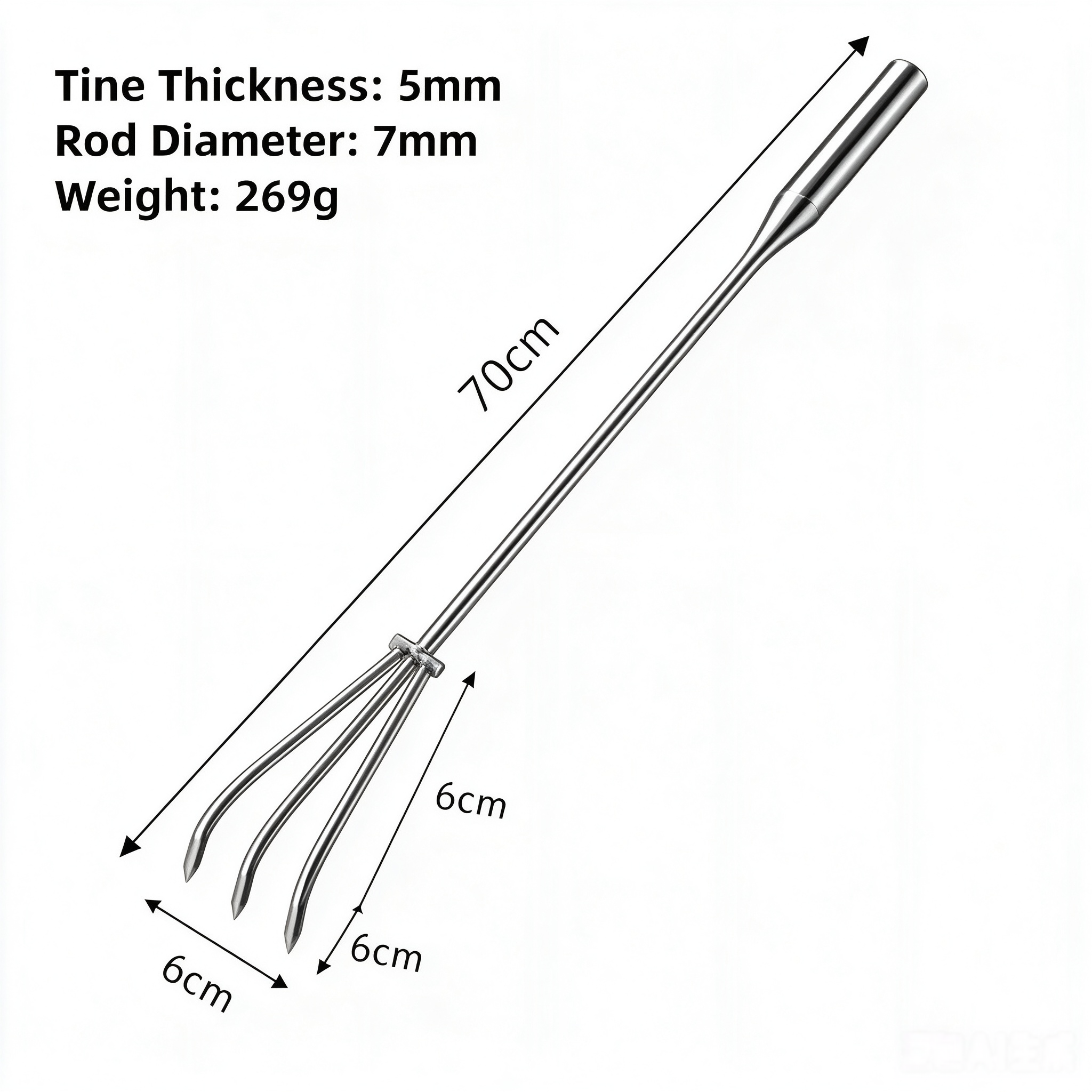 Rateau de jardin en acier inoxydable moulé d'une seule pièce à 3 dents, 70 cm (269 g)