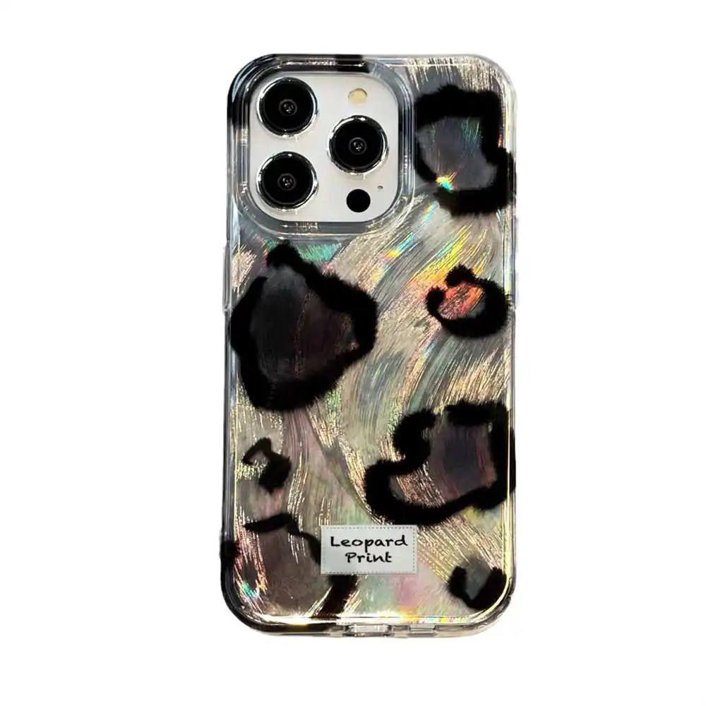 Funda de teléfono de pluma cepillada holográfica con estampado de leopardo negro de TPU PC para iPhone 13 14 11 15 pro Max