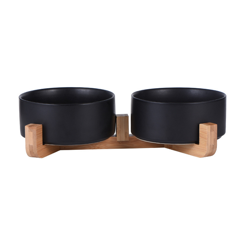 Double bowl wooden frame straight mouth ceramic matte black 2