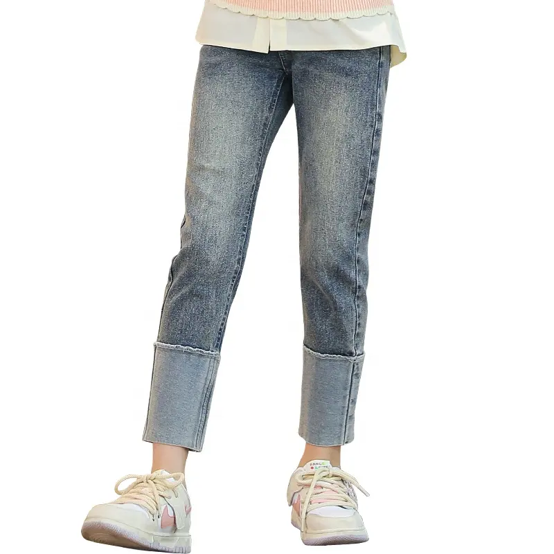 custom retro versatile denim pants Slim fitting straight tube rolled edge cropped bamboo knot jeans teenage girls clothing jeans
