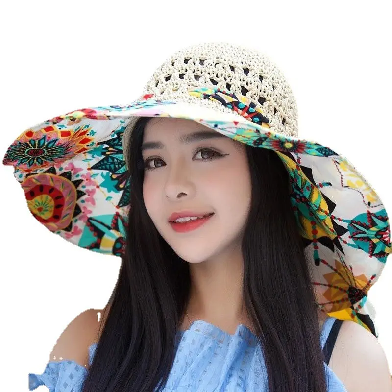 Cappello da sole floscio a tesa larga cappello da spiaggia da donna in paglia Fedora cappello di paglia pieghevole estivo cappello da sole cappello da spiaggia pieghevole protezione solare stampa floreale