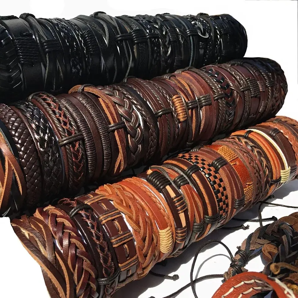Set di braccialetti all'ingrosso 100 stile Mix di perline di legno tribali braccialetti intrecciati in vera pelle intrecciati con polsino intrecciato regolabile etnico per uomo