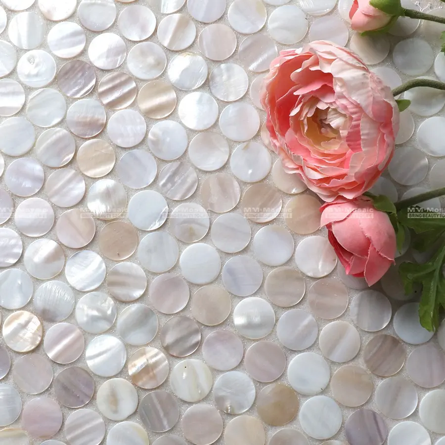 Carreaux en nacre naturelle de perle irisé Beige, 20mm de diamètre, mosaïque à motif rond pour projet mural d'hôtel, vente en gros