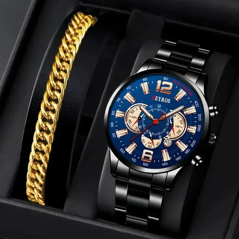 CC029 Pulseira Mens Relógios Set Moda Luxo Homens Aço Inoxidável Voltar Quartz Relógio De Pulso Man Business Casual Watch