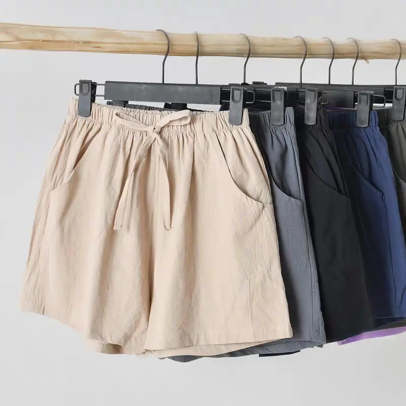 Pantalones cortos de algodón 2023 para mujer, shorts femeninos de cintura alta, holgados, de pierna ancha, informales, delgados, de verano, venta al por mayor