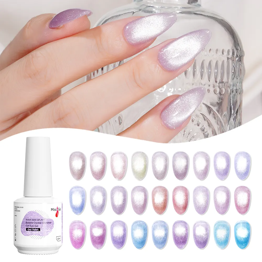 Missgel alta calidad burbuja cristal brillo ojo de gato Gel uñas Color vegano Etiqueta Privada Luz de luna ojo de gato imán Gel polaco