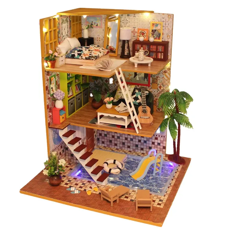 Casa de muñecas en miniatura con luz, regalos DIY para niños, días de amistad