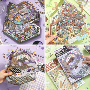 SIMNO 3D eğlenceli büyük boy ev kolaj manzara kullanımlık bulmaca karalama defteri Sticker sevimli hayvan DIY minyatür sahne çıkartmaları