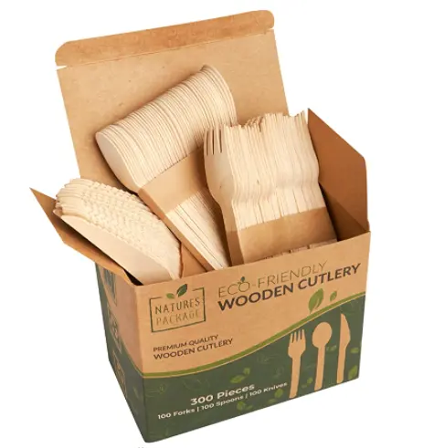 Paquete personalizado de madera de abedul Natural, cubiertos de fiesta biodegradables, cubiertos de madera desechables, cuchara, tenedor, cuchillo