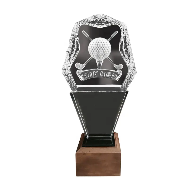 Trofeo de cristal transparente de nuevo diseño de fábrica con base de madera premio de deportes y juegos de golf