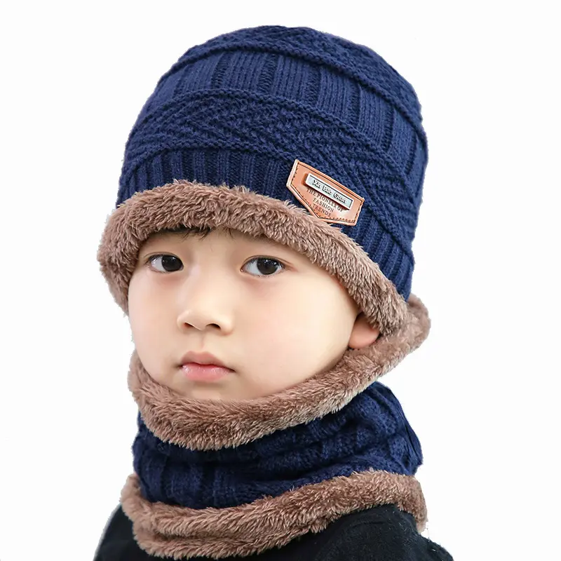 DDA402 New Children Thick Two Piece Wool Scarf Hat Suit Fashion Boys Girls Warm Beanie Caps Kids Autumn Winter Knitted Hats Sets