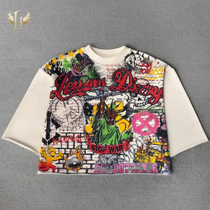 100% pamuk özel boy fransız Terry Tees erkek Boxy kırpılmış tam DTG baskılı ham <span class=keywords><strong>Hem</strong></span> kesim grafik ile Streetwear tişörtleri