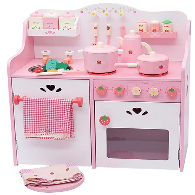 Armario de cocina rosa con comida para niñas, minijuego de cocina, juego de simulación, juego de cocina de madera, comida