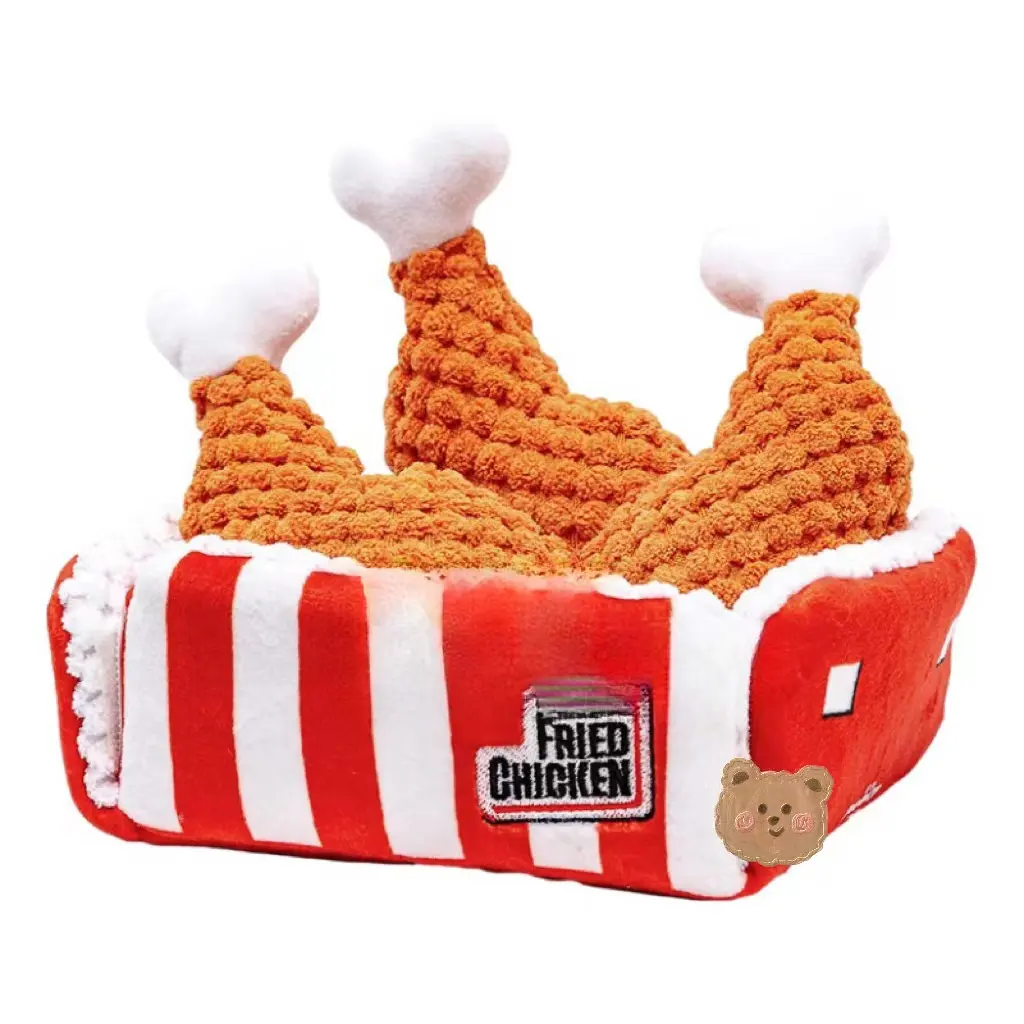 OEM/ODM Pilon de poulet frit en forme de nourriture Jouet interactif pour chien Casse-tête grinçant Jouet pour animaux compagnie