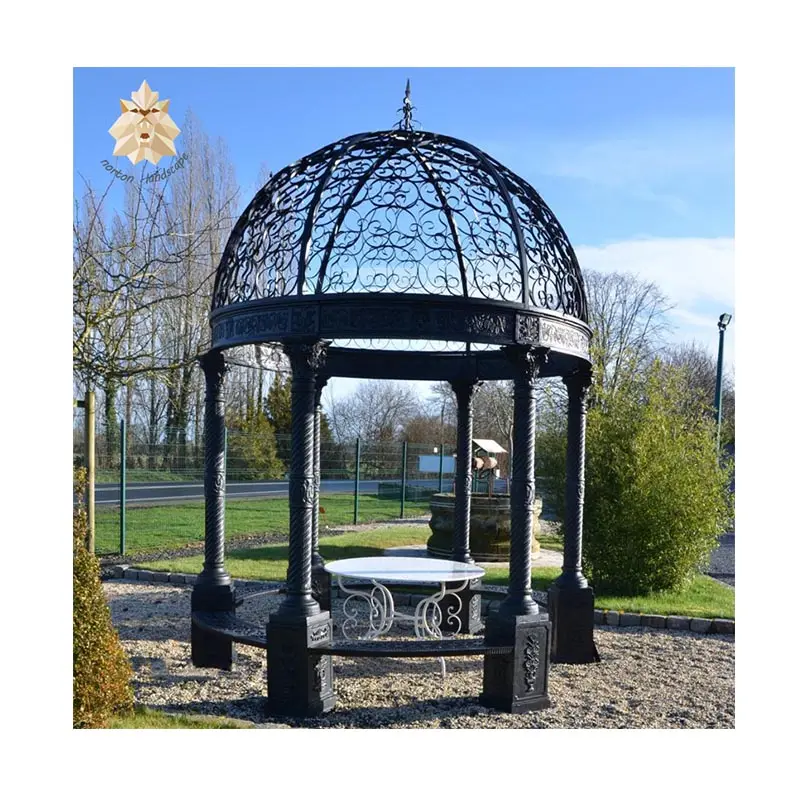 A buon mercato all'aperto decorazione del giardino antico gazebo in ferro battuto in stile Europeo nero ghisa ferro da sposa gazebo per la vendita