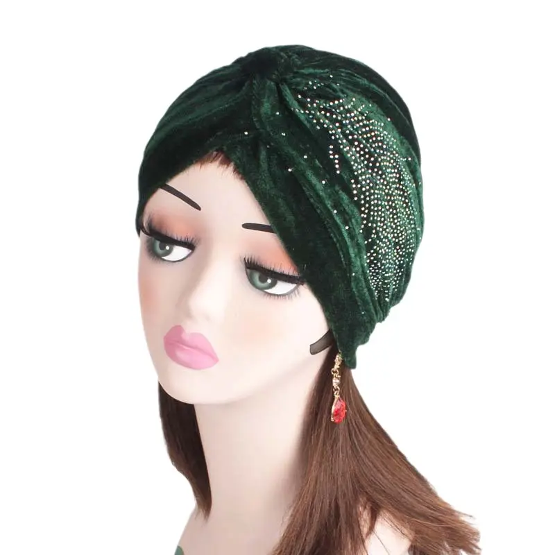 Venta al por mayor terciopelo colorido strass Twist musulmán turbante para mujeres niña suave estiramiento volante africano cabeza envoltura calavera gorra