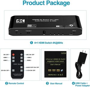 4K <strong>HDMI</strong> <strong>Switch</strong> Audio <strong>Output</strong> 4-port <strong>HDMI</strong> Switcher <strong>2</strong>.0b 4x1 with ARC Coaxial Toslink 3.5mm with IR Remote Control <strong>Hdmi</strong> <strong>Switch</strong>