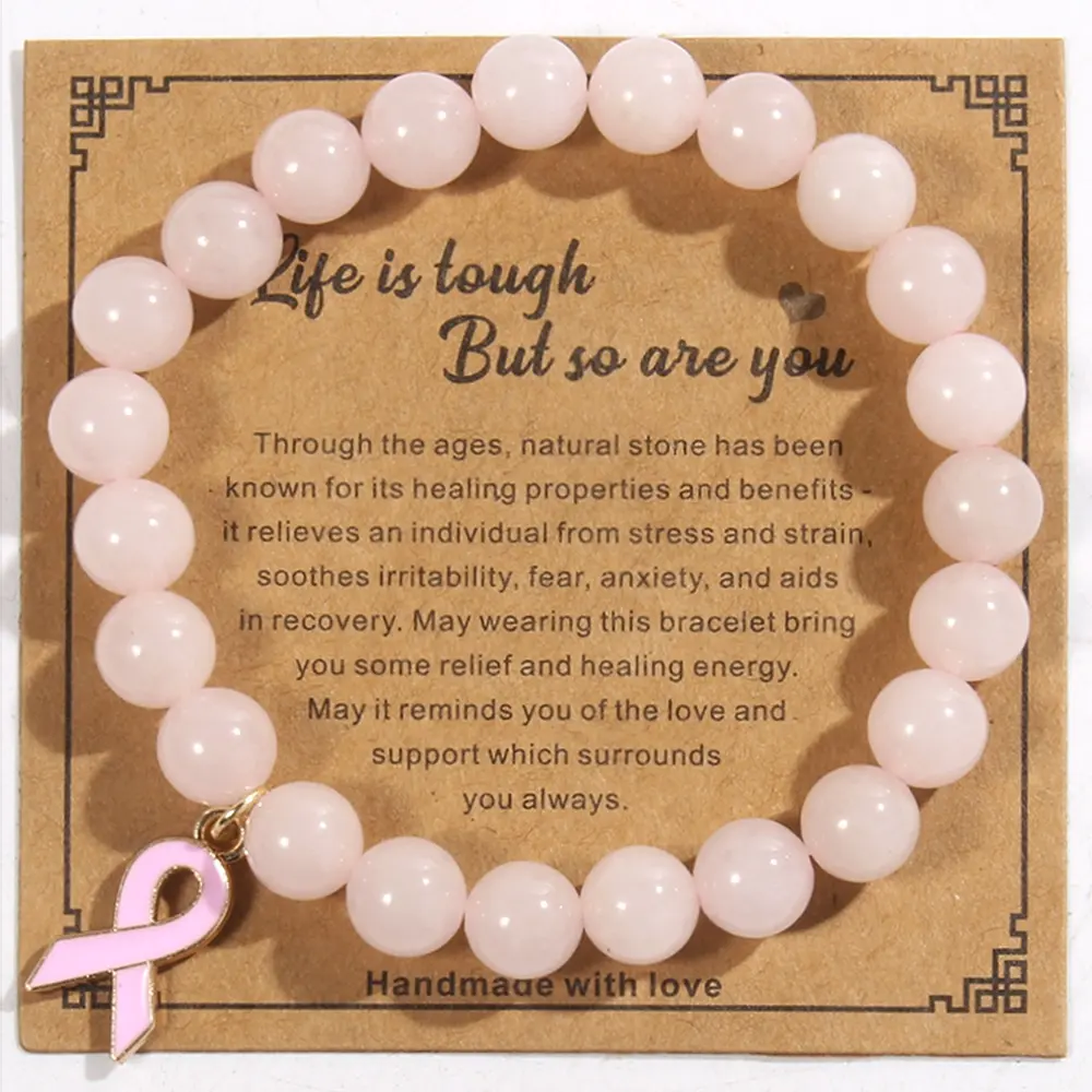 Life is tough But so are you Breast Cancer Ribbon Bracelet 8mm Pink Natural Stone Elastic Bracelet Pink Ribbon Pendant Bracelet