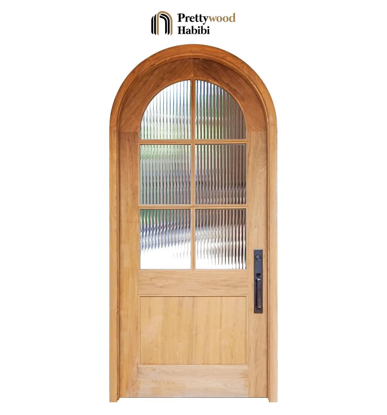 Prettywood Porta de madeira em forma de arco de madeira maciça estilo francês, vidro de junco, entrada principal frontal externa