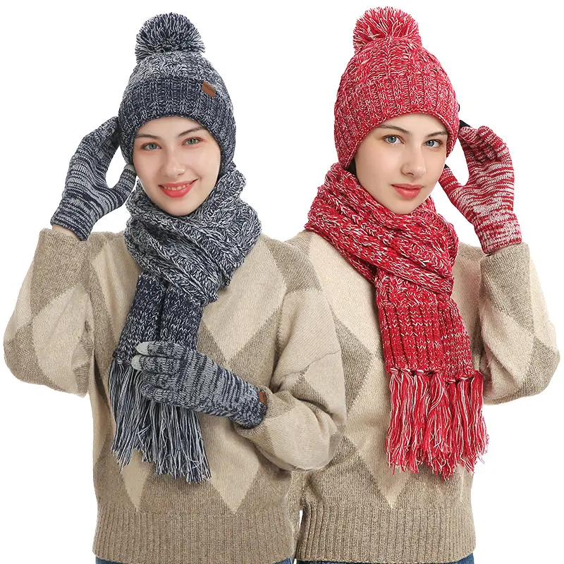 Kış sıcak bere şapka eşarp eldiven 3 adet Set kadın erkek hımbıl kalın örgü kafatası kap dokunmatik ekran eldivenler püskül eşarp