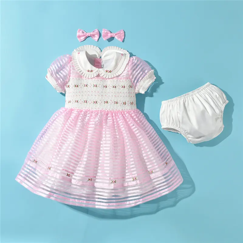 Özelleştirilmiş el yapımı önlüklü organze elbiseler kızlar için butik çocuk önlük tatlı nakış balo elbisesi Smock elbise