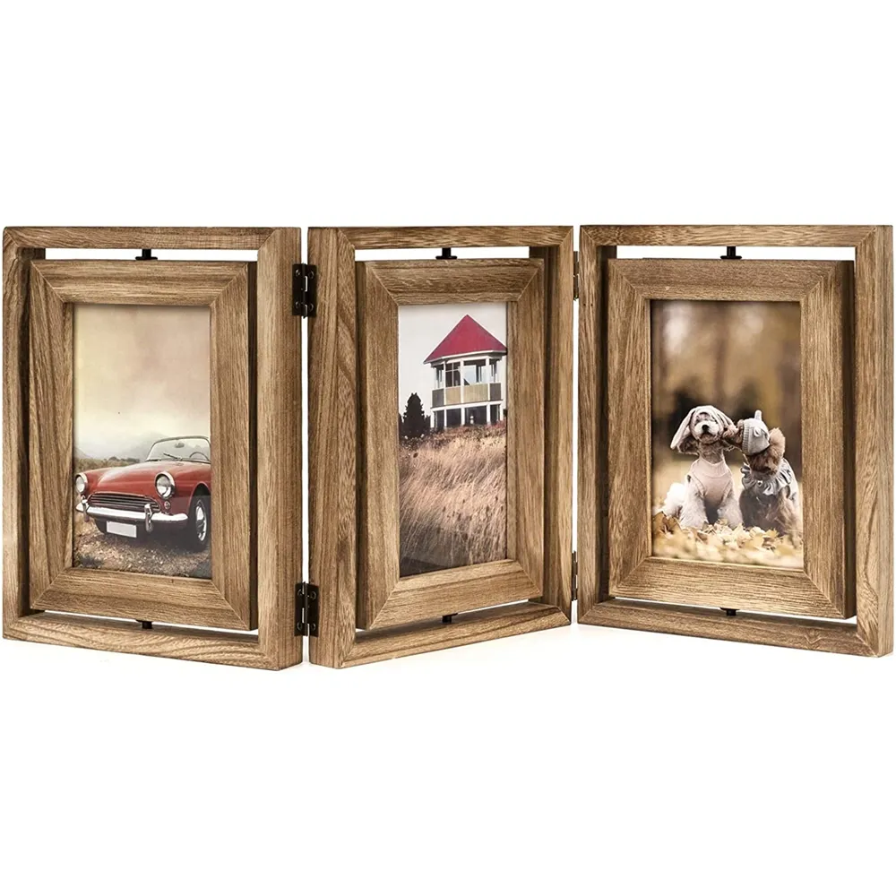 Rustic Wood Hinged Folding Triple Picture Frames Collage Double-Sided Display Rotatable High Definition Glass Photo Frame