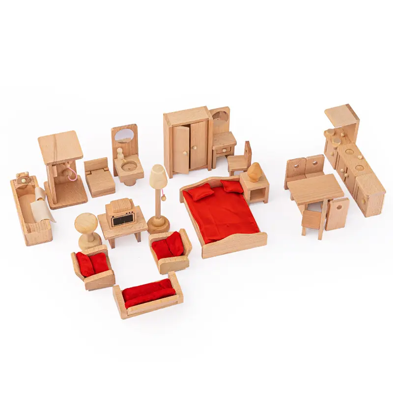 Montessori Set di mobili per casa delle bambole in legno originale in legno 22 pezzi accessori giochi di imitazione mobili giocattoli per ragazze Toddlers Kids
