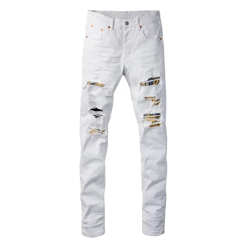 Nuovi arrivi Patchwork Hip Hop per Jeans viola pantaloni a matita strappati Jeans leggeri da uomo con tasche