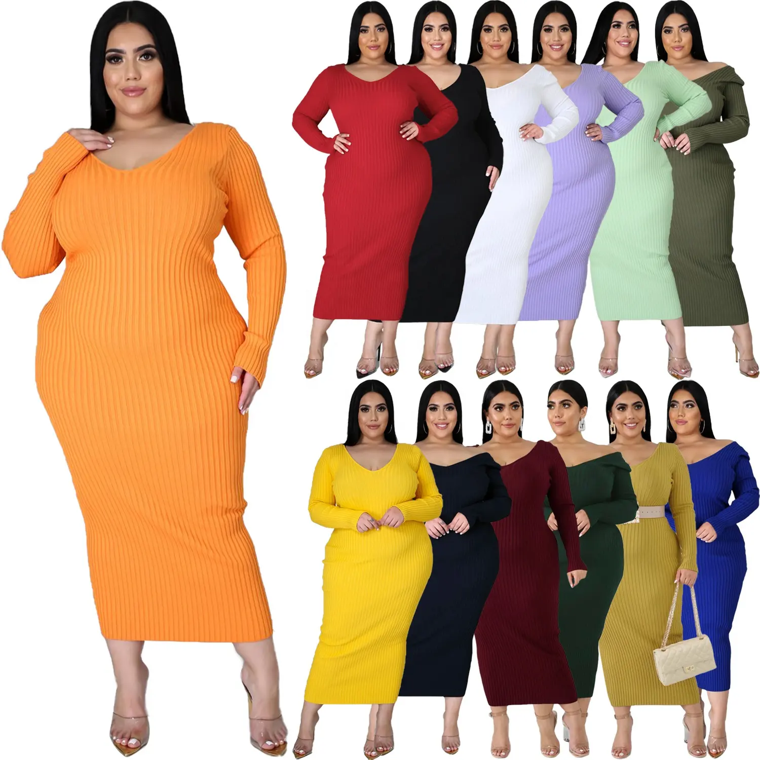 Plus Size Women Clothing Manufacturers Custom Clothes Casual Summer Dresses Ladies Solid Ribbed Knit Maxi Bodycon Long Dress