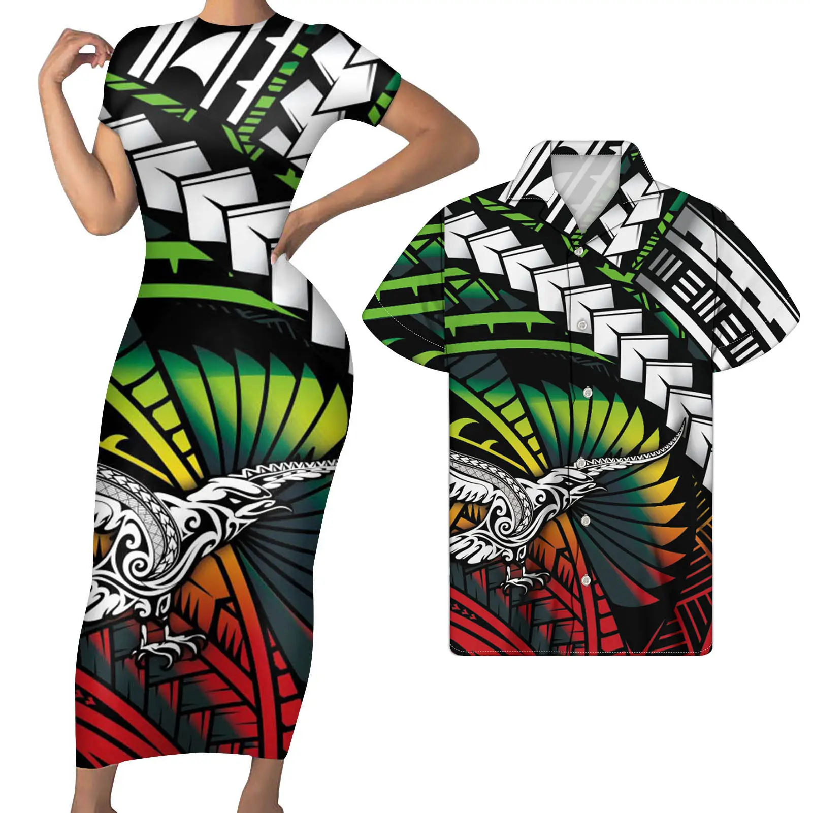 Colorful Design Polynesian Tribal Couple Outfit Women For Club Dress Long with Shorts Sleeve Match Men Shirts Plus Size