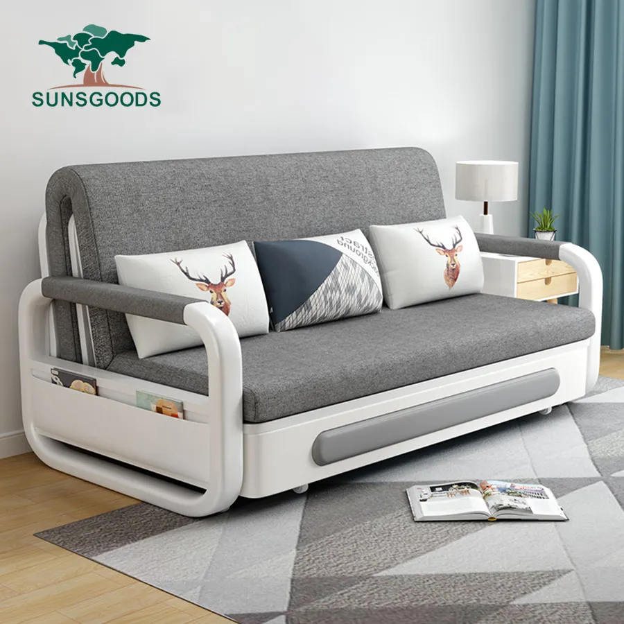 Tempat tidur Sofa, tempat tidur Modern furnitur ruang tamu kain kursi lipat tiga dudukan kayu multi-fungsi Divan tempat tidur Sofa