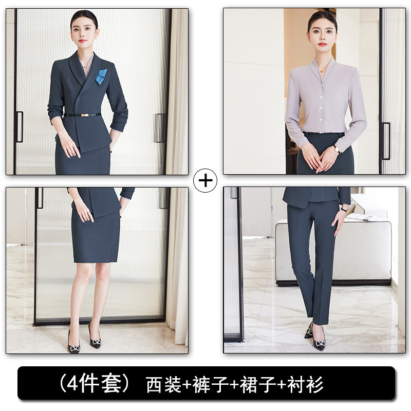Grey suit pants skirt, white shirt