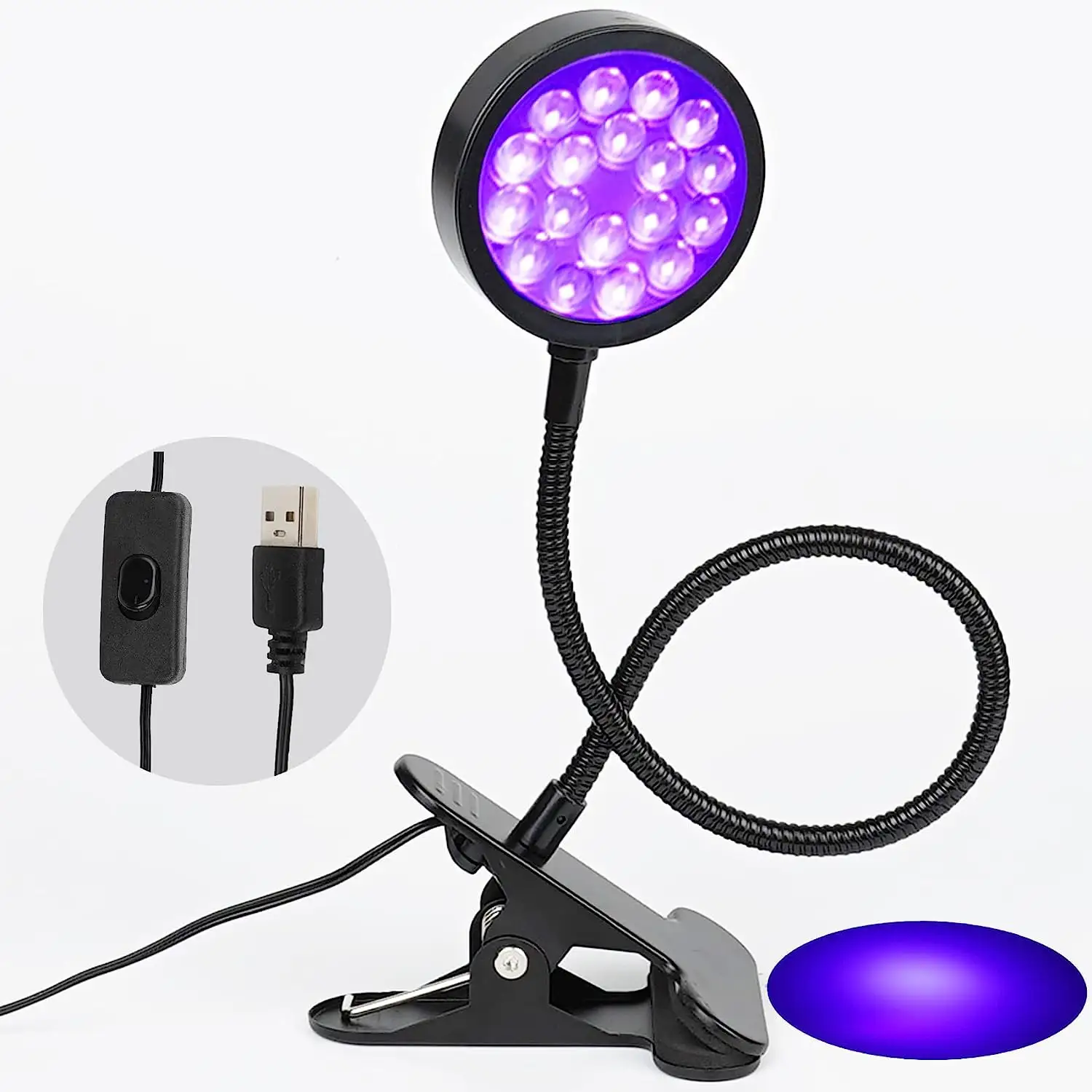 UV 접착제 경화용 클립이 있는 USB 12W 395nm 휴대용 구즈넥 램프가 있는 UV LED 블랙 라이트 클램프, 블랙라이트 포스터