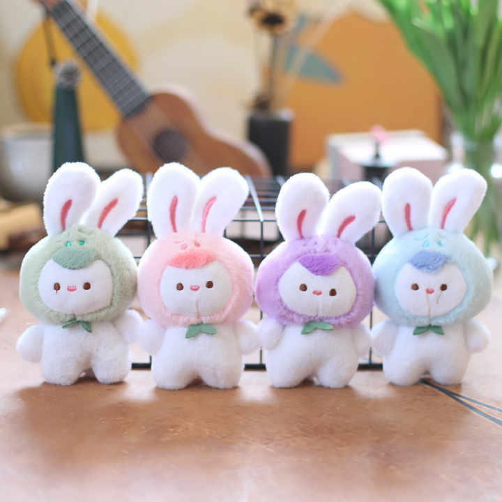 Gantungan kunci liontin Kelinci bulu kartun Mini 12cm berbulu lucu hadiah boneka liontin merah muda mewah mainan lembut gantungan kunci pasangan