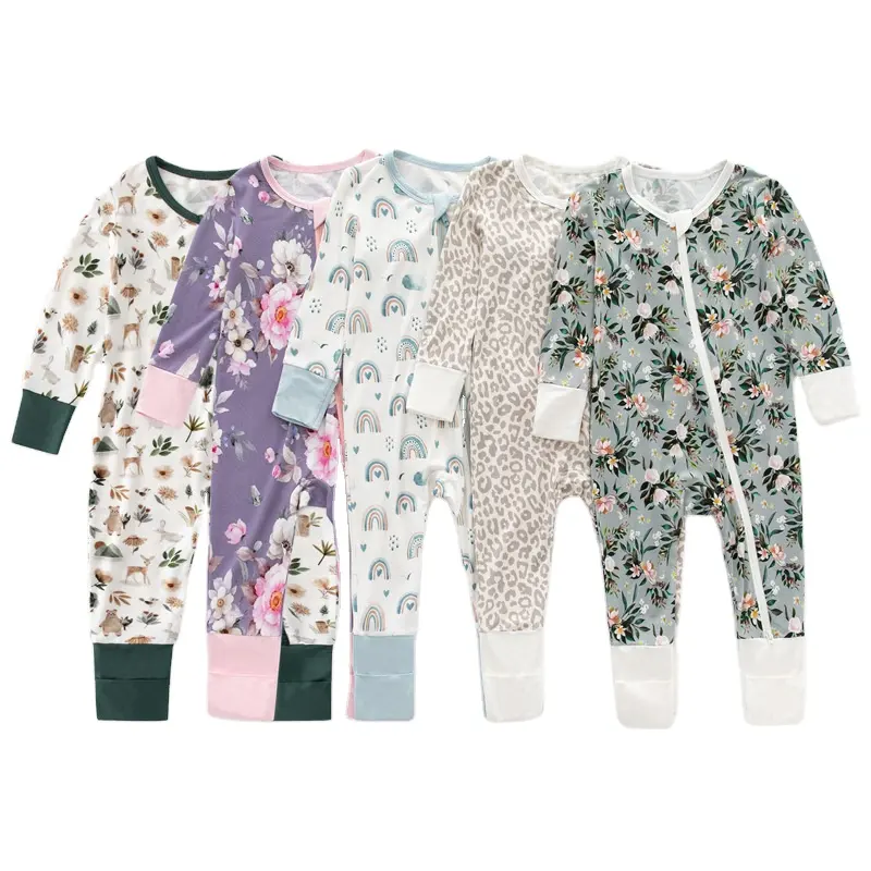 Peleles de bebé recién nacido con doble cremallera personalizados al por mayor, ropa de bebé niña, pijamas para niño pequeño, ropa de bebé de bambú estampada