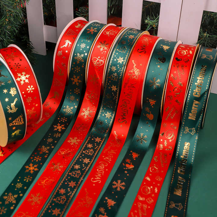 Wholesale of Spot Christmas Flowers/cakes/Christmas Tree Decorations with Polyester Strap Hot Stamping Green Ribbon