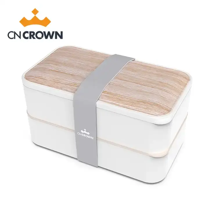 Double Layer Bento Box Stylish Leak-proof Lunch Box Wooden Style Printing On The Surface