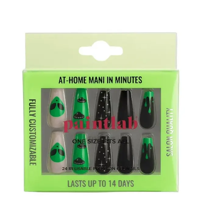PaintLab Reusable Press-on Gel Nails Kit, Coffin Shape, Alien Green and Black, 24 Count