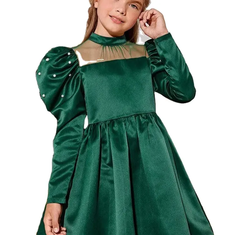 ملابس عيد الميلاد الأوروبية والأمريكية للأطفال ملابس أطفال بطراز فتيات ذات أكمام منفوخة خضراء فستان عيد الميلاد طويل الأكمام زي العروض