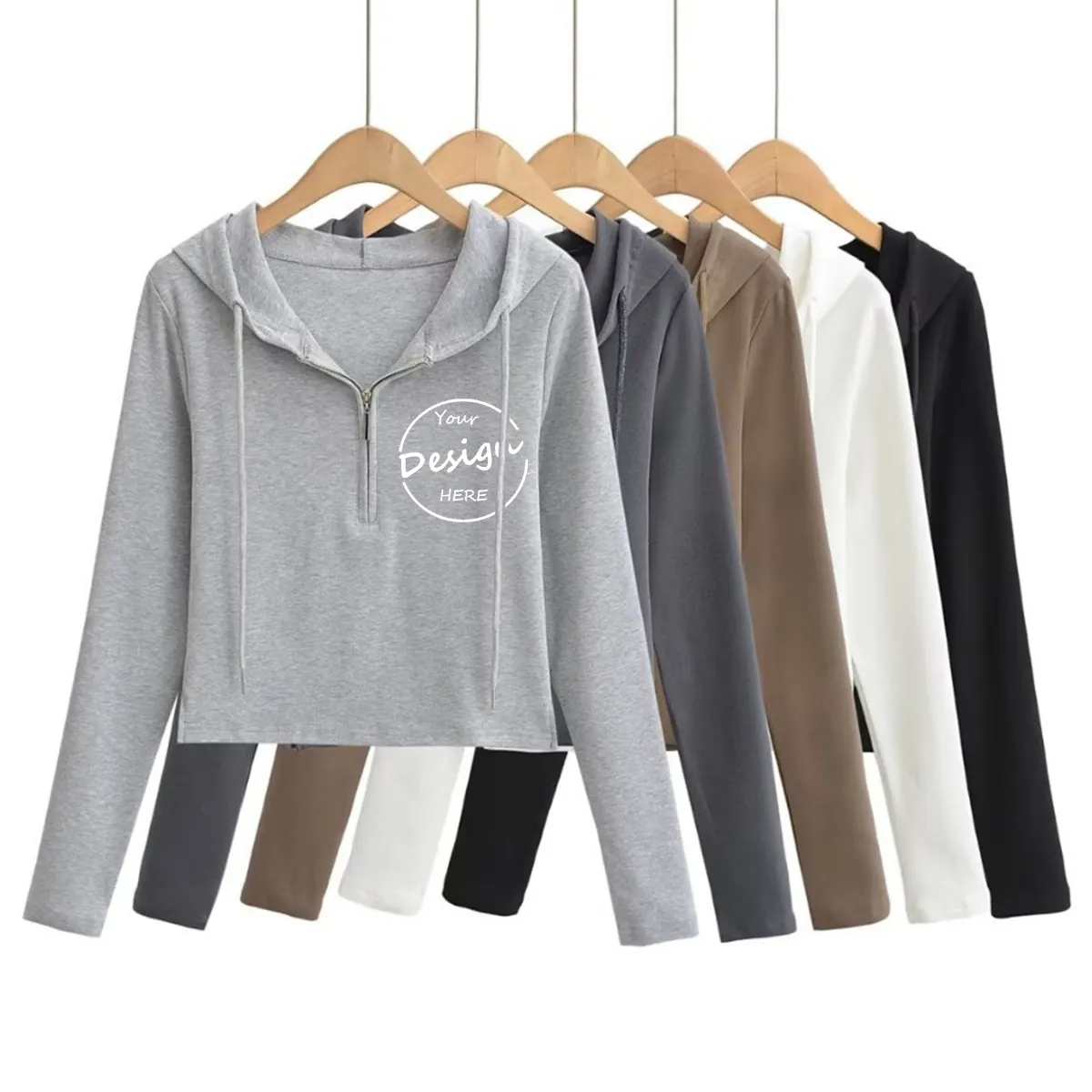 Sudadera de algodón con media cremallera y manga raglán para mujer, ropa para Parte Superior Femenina, personalizada, de alta calidad, color gris, venta al por mayor