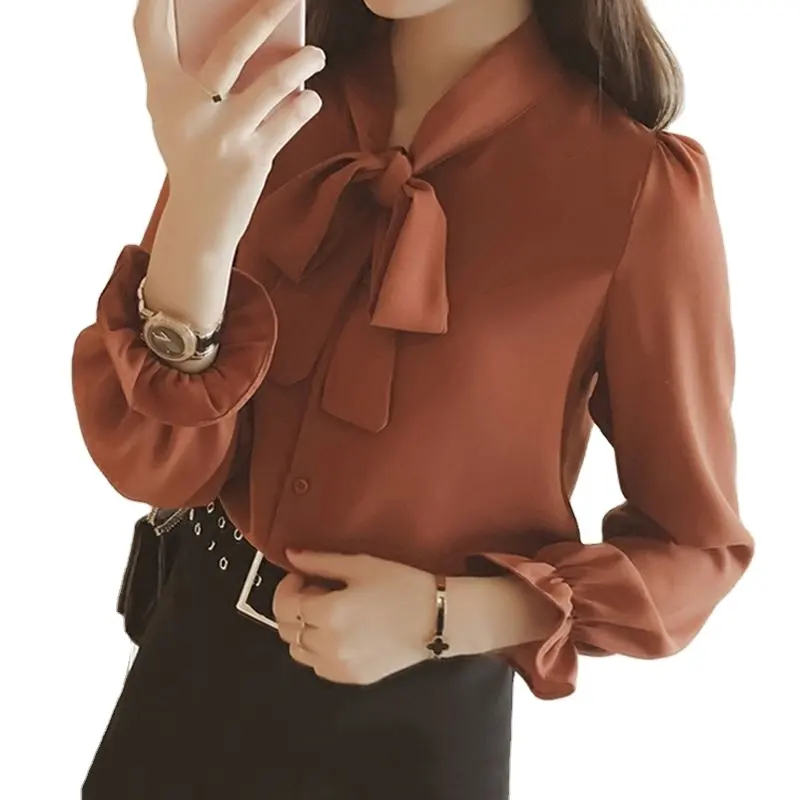 Тефлона, клейкая лента S-5XL женские блузки сплошного цвета с длинным рукавом придает галстук-бабочка, шифонная шелковая блузы в Корейском стиле модные блузки для женщин