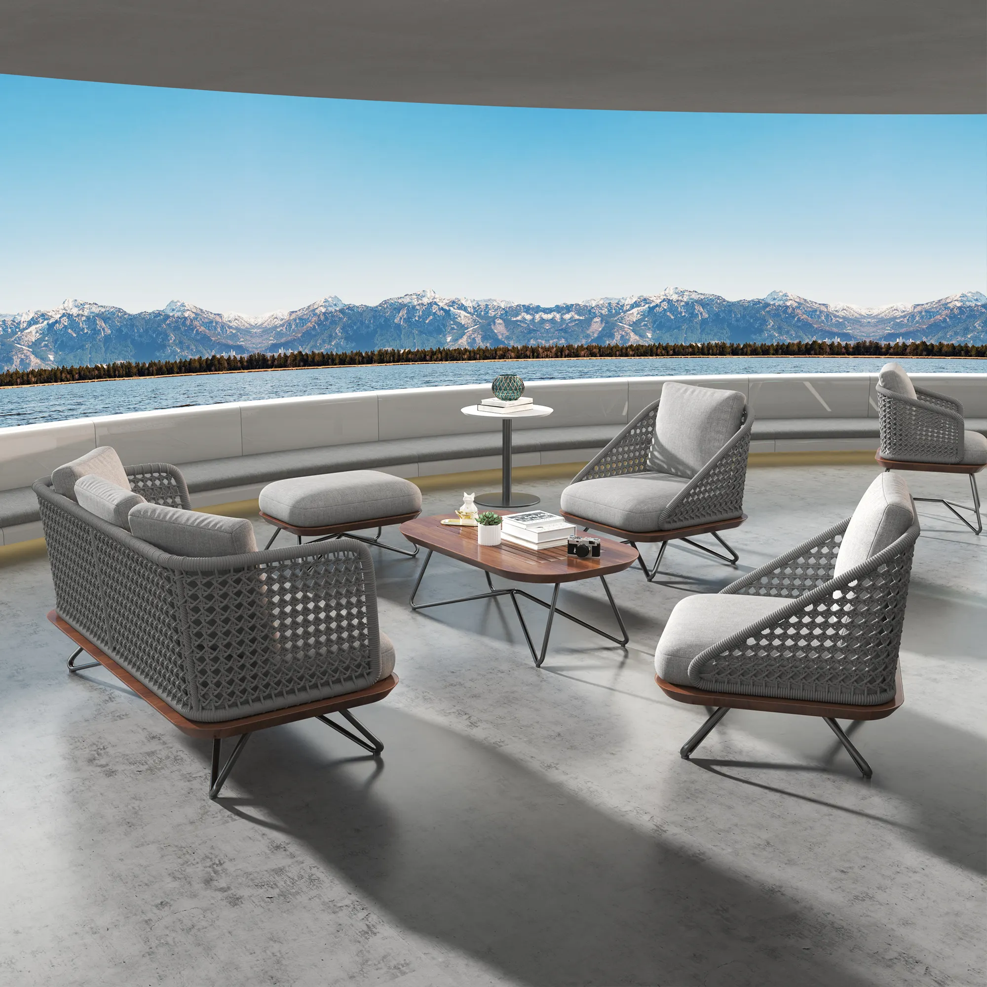 Fulin superventas muestra de alambre de acero de lujo de aluminio al aire libre Modular balcón sofá tumbona