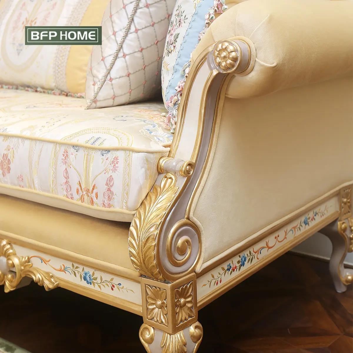 BFP ev fransız lüks tarzı sağlam ahşap mobilya High-end kanepe klasik oturma odası koltuk takımı ile altın/gümüş boya