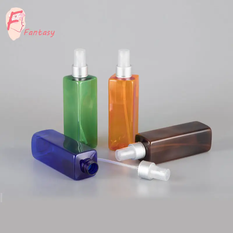 Flacon pulvérisateur plastique cosmétique fantaisie vert orange ambre bleu flacon de parfum carré 8.33oz avec vaporisateur argent