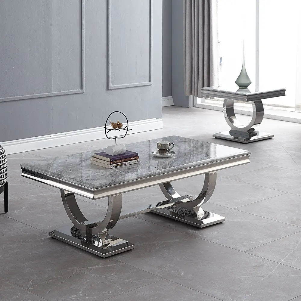 Mesa de centro de acero inoxidable con tapa de mármol blanco delicado, mesa de té