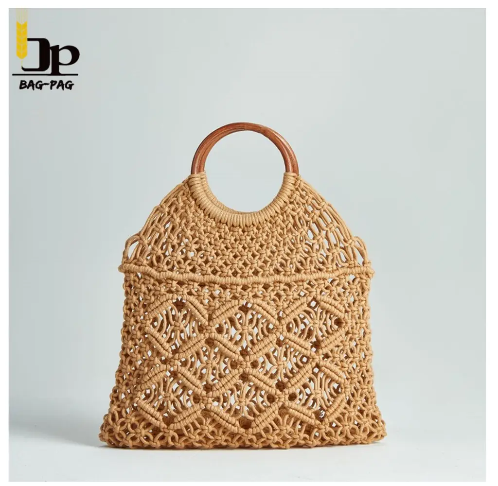 Grogery Hot sale cotton rope women crochet big capacity travel handbag purse with bamboo handles for shopping